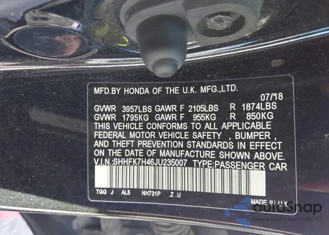 2018 Honda Civic Sport from USA, damaged, VIN SHHFK7H46JU235007